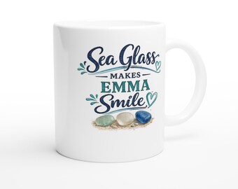 Sea Glass Makes Emma Smile Mug, Personalized Gift for Emma, Beach Lover Mug, Ceramic Coffee Cup with Colored Rim, Ocean Inspired Gift