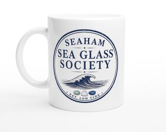 Seaham Sea Glass Society Mug, Beachcomber Coffee Cup, Sea Glass Lover Gift, Sea Glass Collector Mug, Coastal Kitchen Decor, Ceramic Gift