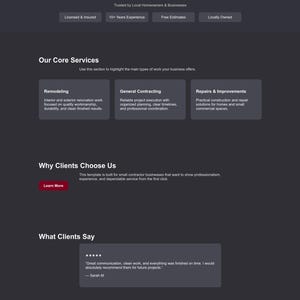 May include: Website design for a construction company. The page features a header with a logo and navigation, a hero section with text "Professional Building & Remodeling You Can Count On", and a call to action button.
