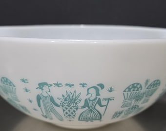 Tigela de mistura vintage PYREX 443 turquesa com estampa de manteiga Amish, modelo Cinderela, 2 1/2 qt