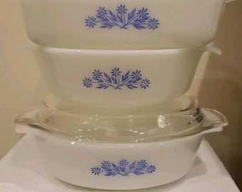 Set of 3 Anchor Hocking Blue Cornflower Casseroles #433, #436, #437 All Never Used