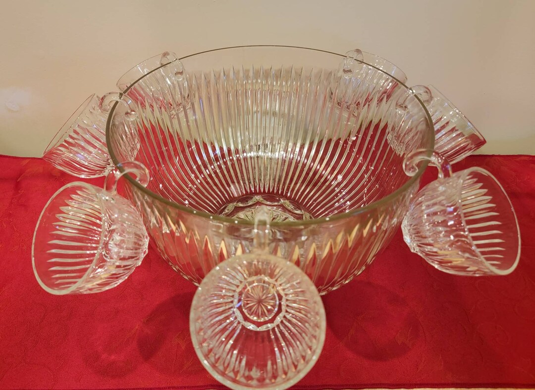 Beautiful Crystal Punch Bowl Set Large Heavy Punch Bowl and 7 Hook Cups Etsy