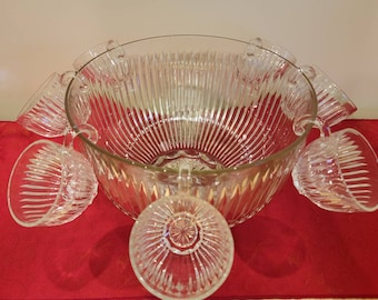 Vintage Crystal Punch Bowl Set: Heavyweight Bowl and 7 Hook Cups