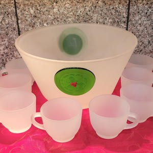 Frosted Glass Holly Berry Punch Bowl Set with 12 Cups