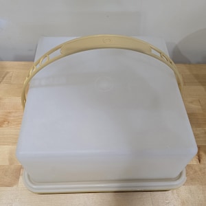 Peut inclure: Un porte-gâteau en plastique blanc avec une poignée beige. Le porte-gâteau a un couvercle transparent et une base avec un bord décoratif.