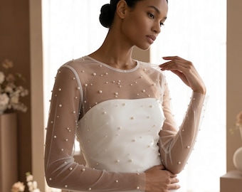 Coprispalle per abito da sposa con perle, coprispalle per abito da sposa in tulle, coprispalle per abito da sposa trasparente, top da sposa con perle, bolero da sposa con perline, bolero da sposa trasparente