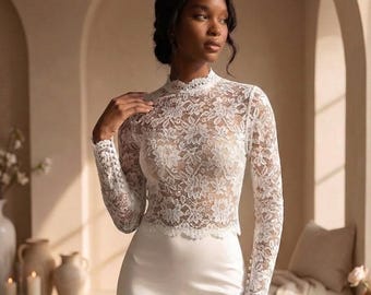 Lace wedding crop top, Lace bridal top, White lace long sleeve top, Bridal top with long sleeves, Sheer wedding top, Plus size bridal top