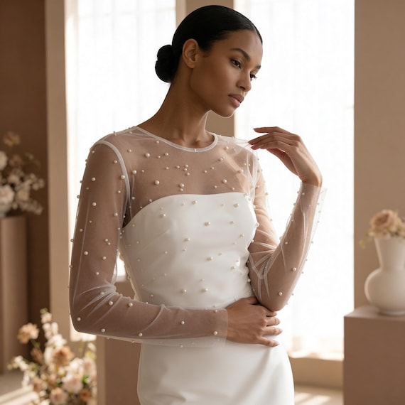 Pearl wedding dress topper, Tulle wedding dress topper, Sheer wedding dress topper,Pearl bridal top,Beaded bridal bolero,Sheer bridal bolero