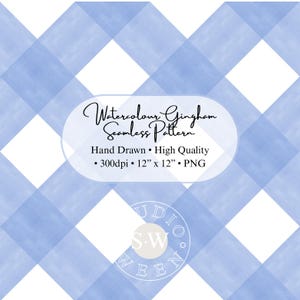 May include: Watercolor gingham seamless pattern in light blue and white. The design features a classic plaid pattern with a hand-painted watercolor effect. The image includes the text "Watercolour Gingham Seamless Pattern" and "12" x 12" .PNG".