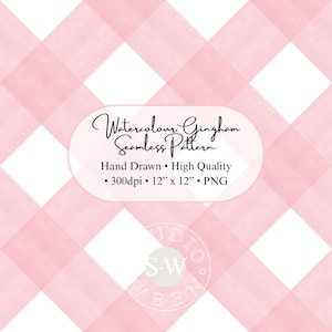 Puede incluir: Un patrón sin costuras de cuadros de vichy en acuarela rosa y blanco. El diseño presenta una cuadrícula diagonal, creando un efecto de cuadros clásico. La imagen incluye el texto "Watercolour Gingham Seamless Pattern" y otros detalles.