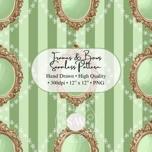 Hand-Illustrated Seamless Pattern, Frames and Bows, Vintage, Green Stripe (Digital Download)