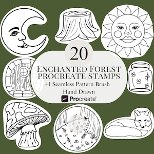 May include: A collection of 20 hand-drawn Enchanted Forest Procreate stamps, including a smiling moon, sun, mushroom, fox, and other whimsical designs. The text reads "Enchanted Forest Procreate Stamps +1 Seamless Pattern Brush Hand Drawn Procreate".