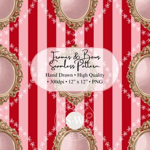 Hand-Illustrated Seamless Pattern, Frames and Bows, Vintage, Pink and Red Stripe (Digital Download)