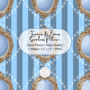 Hand-Illustrated Seamless Pattern, Frames and Bows, Vintage, Blue Stripe (Digital Download)