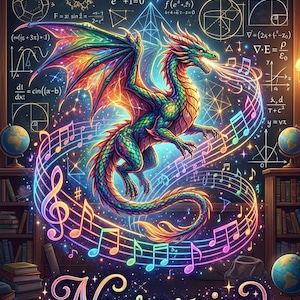 May include: A vibrant digital art print featuring a colorful dragon breathing musical notes. The dragon is set against a backdrop of mathematical equations and musical symbols. The word "Neurospicy" is written in a stylized font.