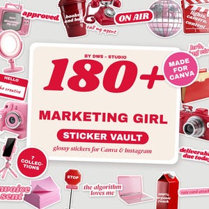May include: A collection of red and pink themed digital stickers featuring icons like a telephone, camera, laptop, cherries, and text elements including 180+ MARKETING GIRL STICKER VAULT, BY DWS-STUDIO, MADE FOR CANVA, and various phrases like ON AIR.