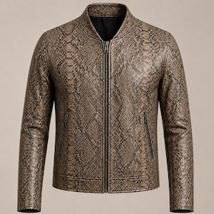 May include: A brown and black snakeskin-patterned leather jacket with a zip-up front and two side pockets. The jacket has a bomber-style collar and long sleeves. The overall design is sleek and modern.