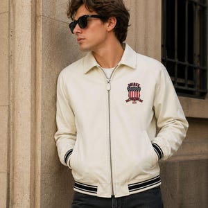 Avirex Style white Leather Jacket Men | Vintage USA Patch Bomber Jacket.
