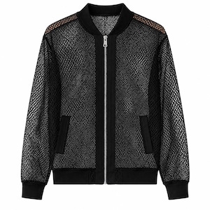 May include: Black mesh bomber jacket with a zip fastening, two front pockets, and ribbed cuffs and hem. The jacket has a classic bomber style with a modern, see-through design. The mesh material adds a unique texture and visual interest to the garment.