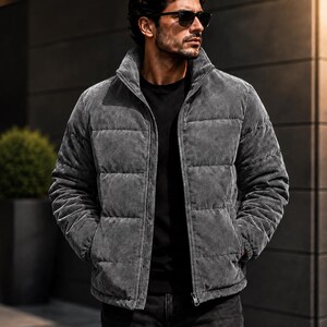 May include: A charcoal grey corduroy puffer jacket with a high collar, a full-length front zip, and horizontal quilted stitching. The jacket features long sleeves with ribbed cuffs and two side pockets, worn over a plain black shirt and dark jeans.