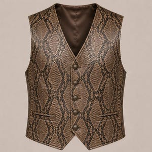 May include: A sleeveless vest featuring a brown and black snakeskin pattern. The garment has a V-neckline, a front button closure with five circular metallic buttons, and two horizontal welt pockets positioned at the lower front of the vest.