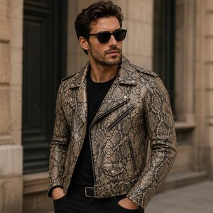 Herren Schlangenleder Lederjacke, Python Print Bikerjacke, exotischer Moto Style, Geschenk für ihn.