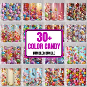 Può includere: Una collezione di bicchieri a tema caramelle con vari disegni. I bicchieri presentano illustrazioni colorate di lecca-lecca, palline di gomma e altre caramelle. L'immagine include il testo "30+ COLOR CANDY TUMBLER BUNDLE."