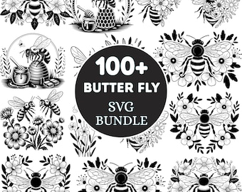 May include: Black and white SVG bundle featuring bee and floral designs. The image includes multiple illustrations of bees, honeycombs, and flowers, with the text "100+ BUTTER FLY SVG BUNDLE" in a circular design.
