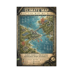 May include: A rectangular poster titled CLIMATE MAP featuring a detailed topographical illustration of a coastal region with infrastructure icons, grid lines, and the text CLIMATE CHANGE IS A NEW BATTLEFIELD - PREPAREDNESS MEANS SUSTAINABILITY.