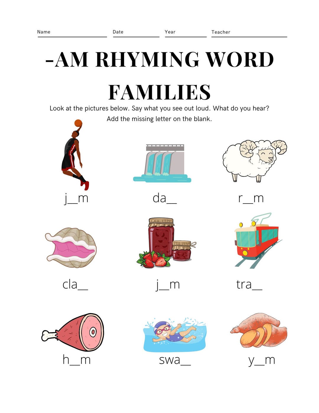 Family Rhyme Rhyming Word Families -AM - Etsy