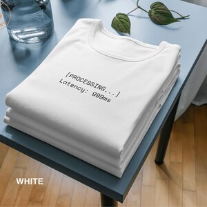 Può includere: Una pila di magliette bianche con la scritta nera "[PROCESSING...] Latency: 999ms". Le magliette sono piegate su un tavolo azzurro. La parola "WHITE" è visibile in basso nell'immagine.