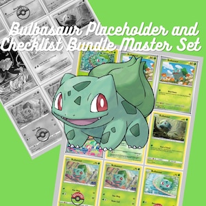 May include: A Bulbasaur Placeholder and Checklist Bundle Master Set featuring a central illustration of the green creature over a grid of trading cards. The cards display various Bulbasaur artworks, text, and game statistics on a light green background.