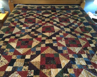 Diamond Patchwork Quilt.  Queen.  Beautiful Deep Colors.  Reds, Blues, Greens.  Colonial.  OOAK pattern.