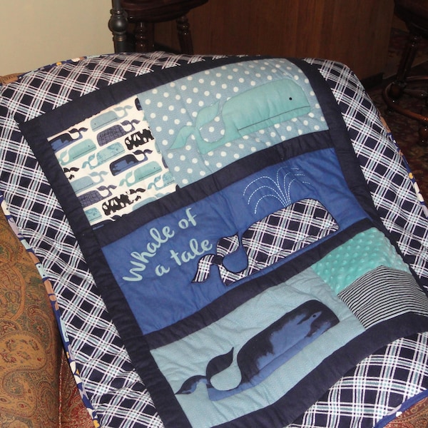 A Whale of a Tale.  So soft in deep blues and greens.  Bright Navy Blue and Teal Green Applique Flannel Baby Quilt.  Nautical.