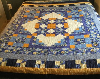 OOAK French Country Queen Patchwork Quilt.  Blues and Yellows.  Gorgeous Colors.  Multiple Borders.  Premium Cotton Fabric.