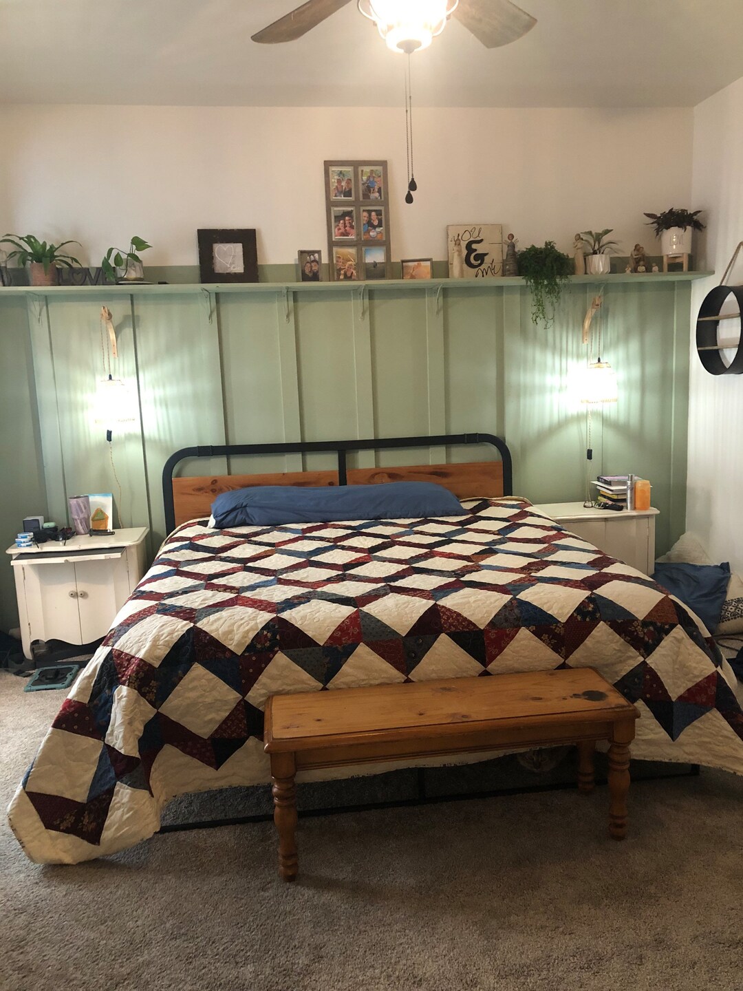 Zig Zag Patchwork Quilt. King Size. Cream Background. Subdued Beautiful Deep Colors. Reds, Blues