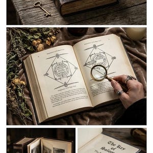May include: A dark brown leather-bound book titled The Key of Solomon with a gold pentagram emblem on the cover, accompanied by a metal key, a magnifying glass, internal pages with geometric diagrams, and a tag labeled 574 pages.