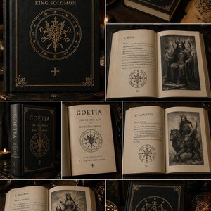 May include: A collection of books titled "Goetia: The Lesser Key of King Solomon." The books are black with gold lettering and illustrations. The open pages display detailed black and white illustrations and text. The books are displayed on a dark wooden surface.