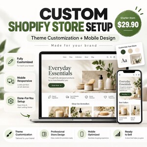 May include: A digital graphic displaying a Custom Shopify Store Setup service. The image features a laptop and smartphone showing a website interface with the text Everyday Essentials, alongside icons and text detailing theme customisation.