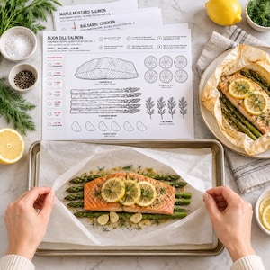 Puede incluir: Una tarjeta de receta impresa para salmón al eneldo y mostaza con dibujos lineales de un filete de salmón, espárragos, rodajas de limón y dientes de ajo, junto a una bandeja de horno metálica con un filete de salmón, espárragos y limón.