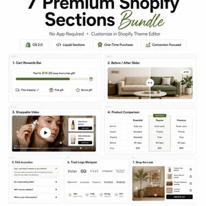 Może przedstawiać: Cyfrowy pakiet produktów zatytułowany 7 Premium Shopify Sections Bundle od ApeironDigital. Zawiera siedem przykładów interfejsów stron internetowych, w tym pasek nagród w koszyku, suwak przed/po, wideo zakupowe, porównanie produktów, akordeon FAQ, marquee z logo zaufania oraz funkcję shop the look.