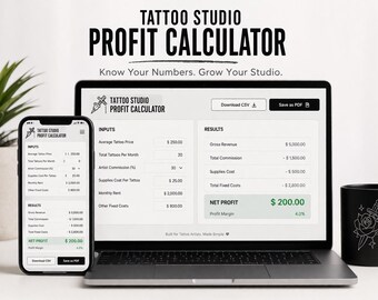 Tattoo Studio Pricing Calculator | Tattoo Bookkeeping, Shop Tracker, Artist Finance Excel Google Sheets