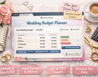 Wedding Budget Calculator | Editable Money Saving Planner Tool | CSV Export PDF Save