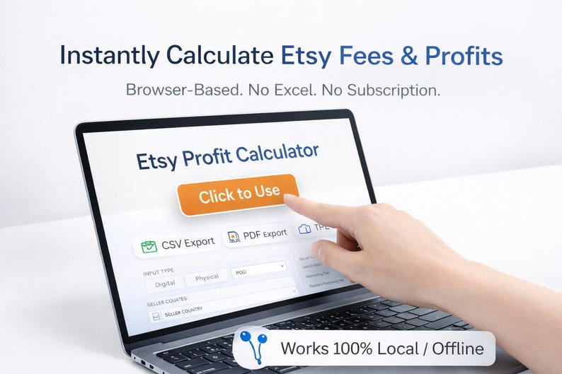 May include: A laptop displays an "Etsy Profit Calculator" interface with an orange "Click to Use" button. The screen also shows options for CSV and PDF export. The text "Instantly Calculate Etsy Fees & Profits" is visible at the top.