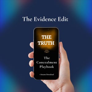 May include: A smartphone displays text: "The Truth" above a lotus flower graphic, followed by "The Concealment Playbook" and "Instant Download." The title "The Evidence Edit" is at the top. The background is a gradient of blue and teal.