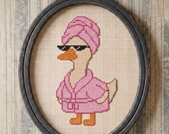 Lustiges Badezimmer Kunst Gans Kreuzstichmuster, Dumme Gans Dekor Bademantel Wandkunst, schrulliger Badezimmer Druck, modernes Xstitch PDF Chart Download