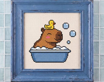 Kreuzstichmuster Capybara, lustige Badezimmerdeko, niedliches Capybara in der Badewanne, moderne Mini-Kreuzstichvorlage für Anfänger (PDF), ausgefallene Zimmerdekoration