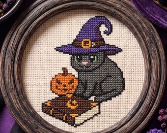 Halloween-Katzen-Kreuzstichmuster, lustige schwarze Katze mit Hexenhut, gruselige Kürbis-Kreuzstichvorlage für Anfänger (PDF), Gothic-Zimmerdeko, Mini-Vorlage