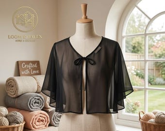 Sheer Chiffon Capelet, Lightweight Summer Poncho Cover Up scarf,Mesh Evening Shrug for Dresses, Beach Shawl,Nursing Wrap,Mother’s Day Gift .