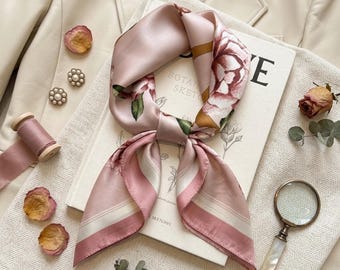 Mulberry Silk Scarf Boho Floral Paisley Print – 100% Pure Silk Headscarf, Square Bandana 53cm 65cm 70cm, Lightweight Vintage Neck Scarf Gift